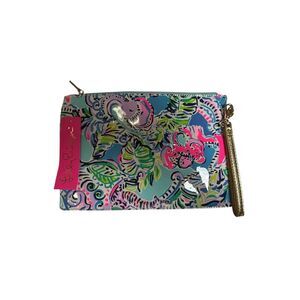 Lilly Pulitzer Pencil Pouch Womens Multicolor Print Gold Wrist Strap Zipper Case